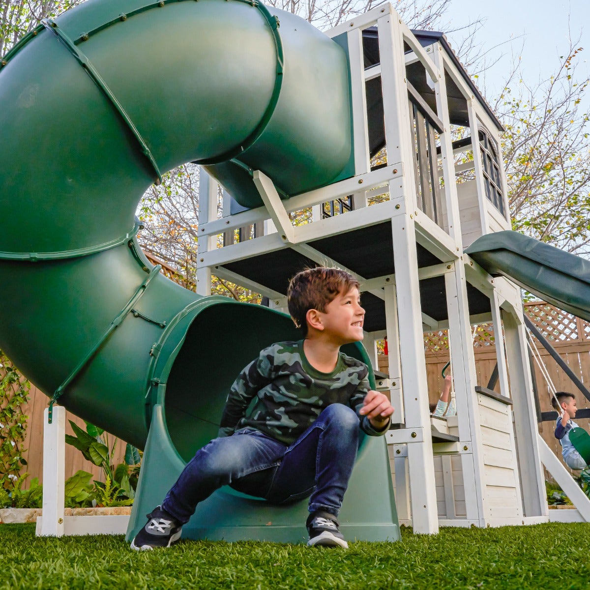 Wooden Outdoor Swing Set with Swings and Wave Slide