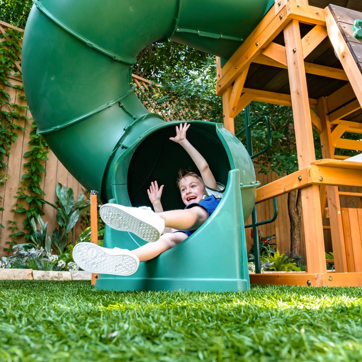 Wooden Outdoor Swing Set with Swings and Wave Slide
