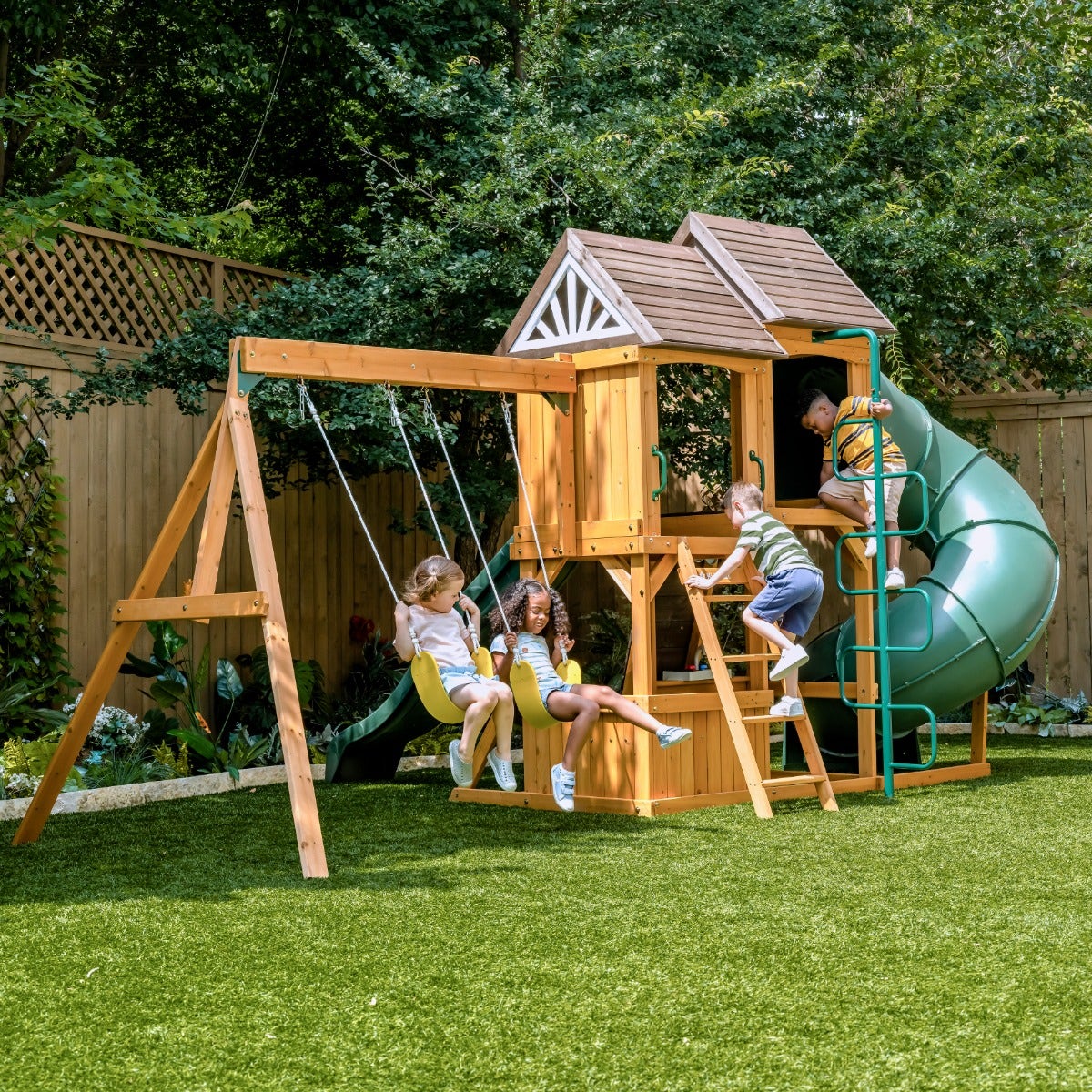 Wooden Outdoor Swing Set with Swings and Wave Slide