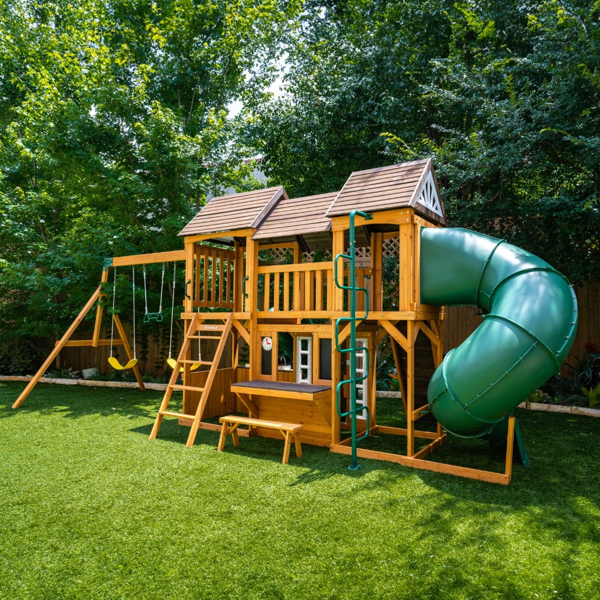 Wooden Outdoor Swing Set with Swings and Wave Slide