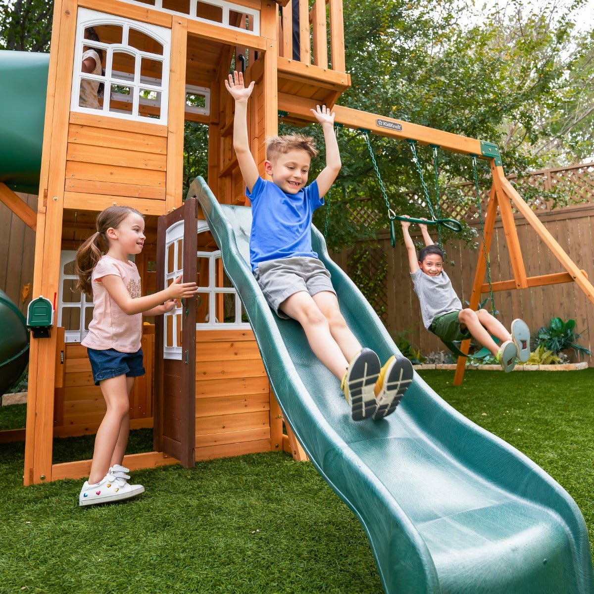 Wooden Outdoor Swing Set with Swings and Wave Slide