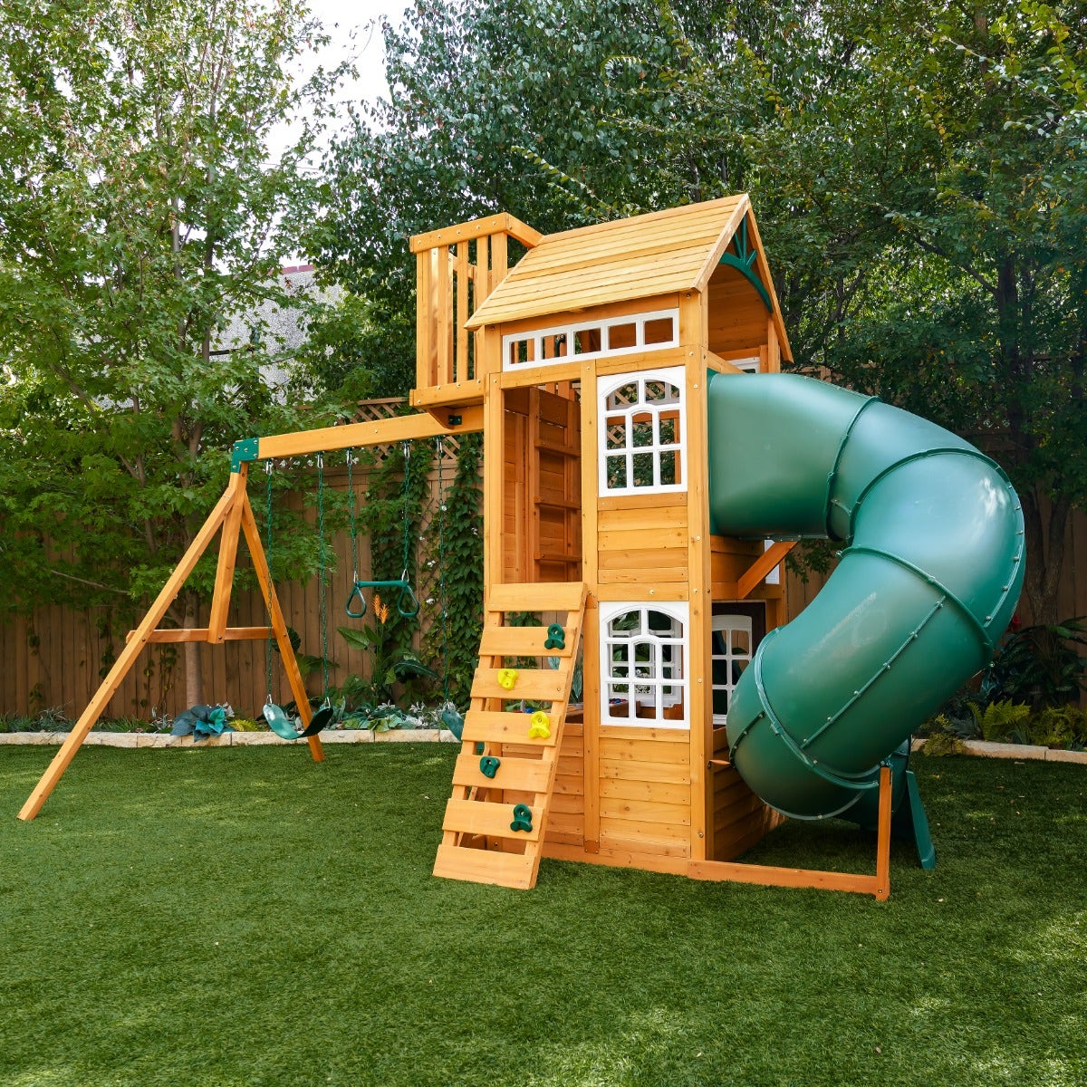 Wooden Outdoor Swing Set with Swings and Wave Slide