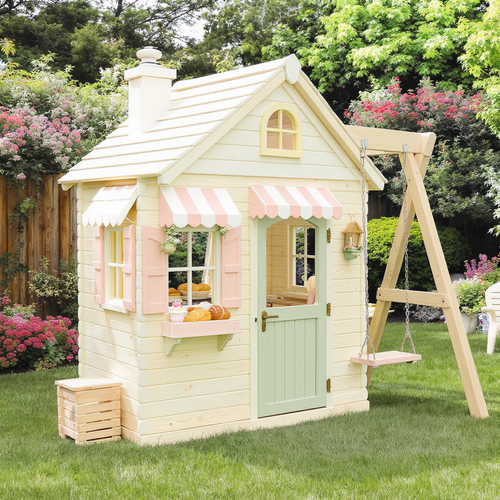 Bakery-Themed Playhouse with Outdoor Swing Set