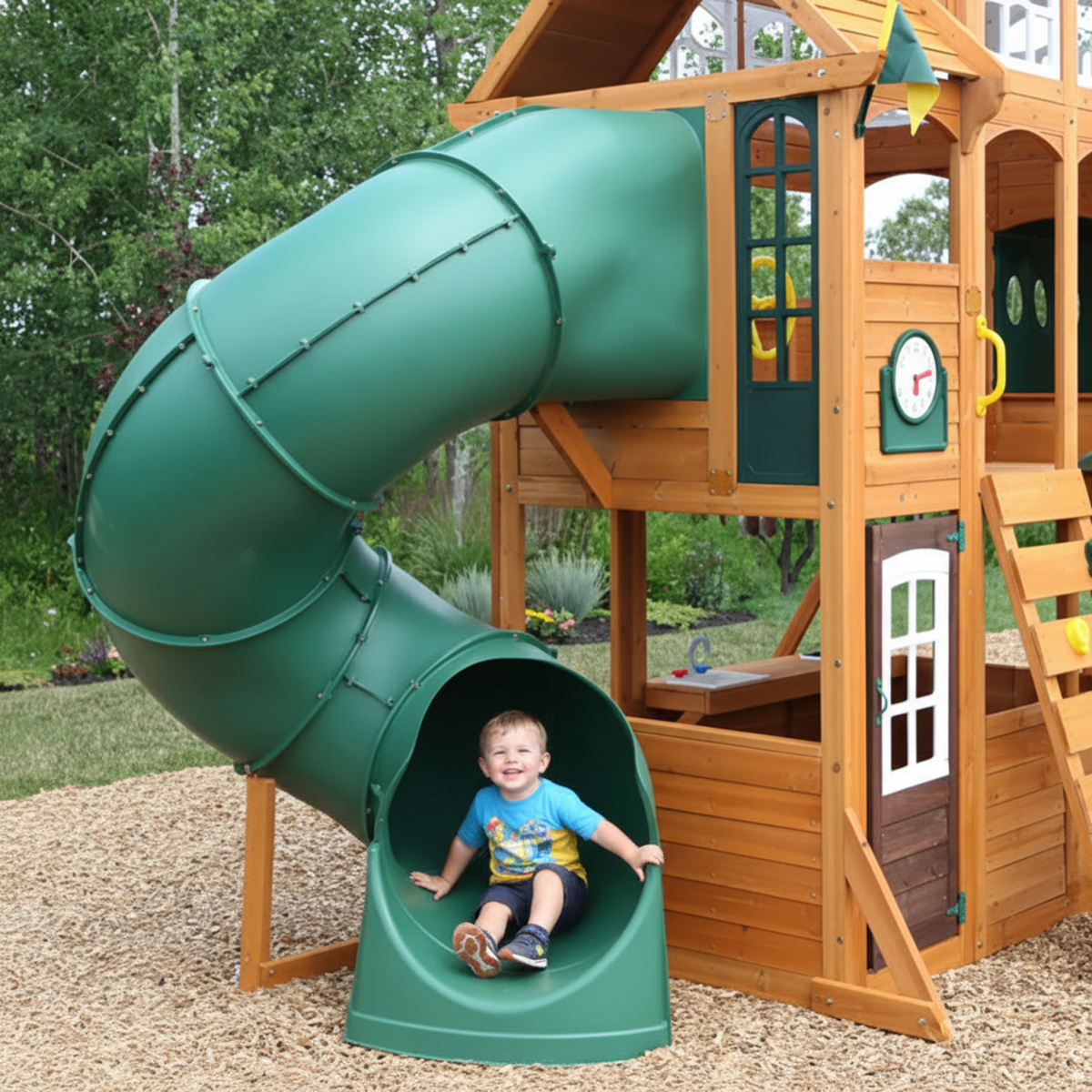 Wooden Outdoor Swing Set with Swings and Wave Slide