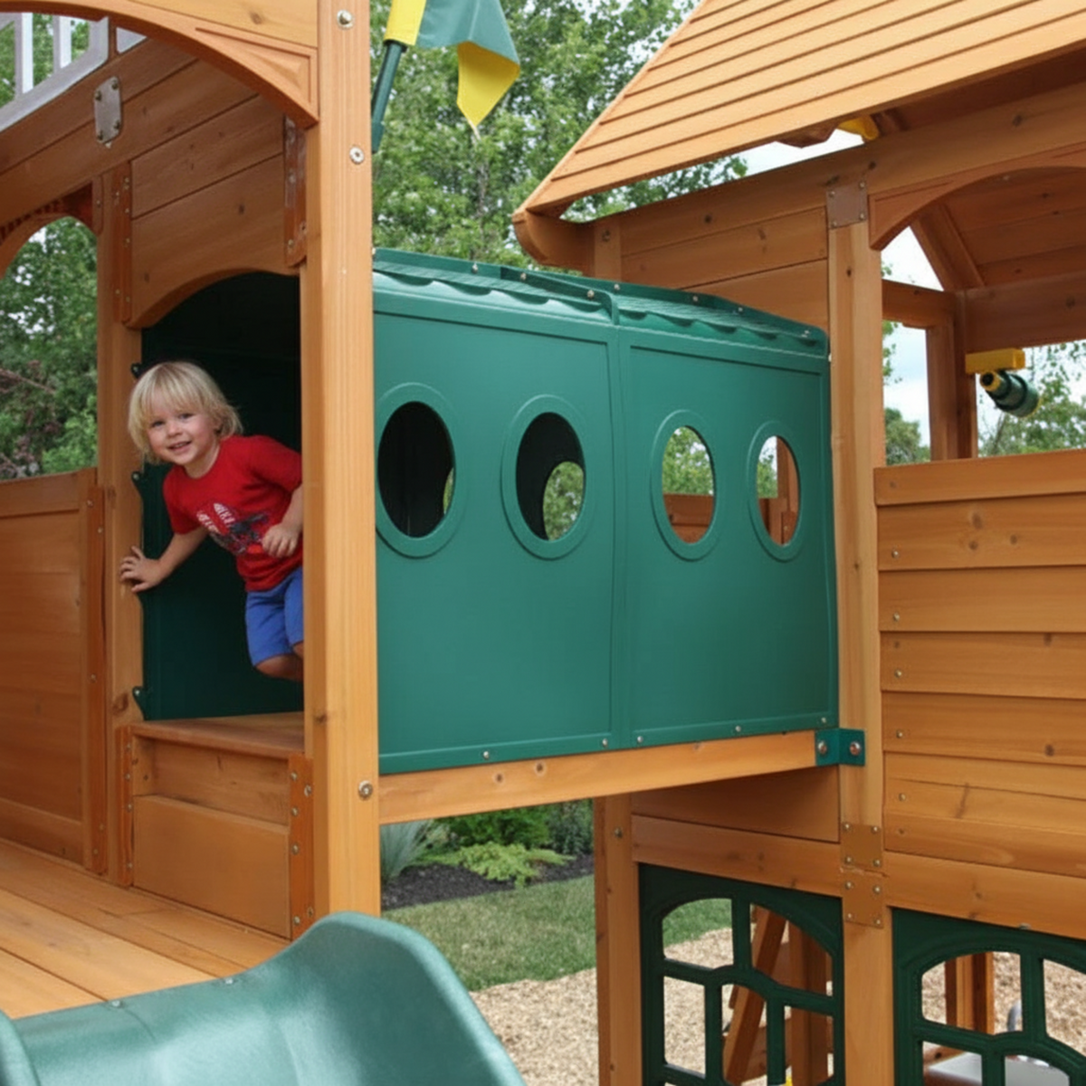 Wooden Outdoor Swing Set with Swings and Wave Slide