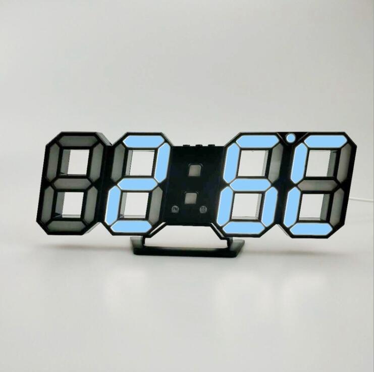 3D LED wall clock displaying blue digits on a stand