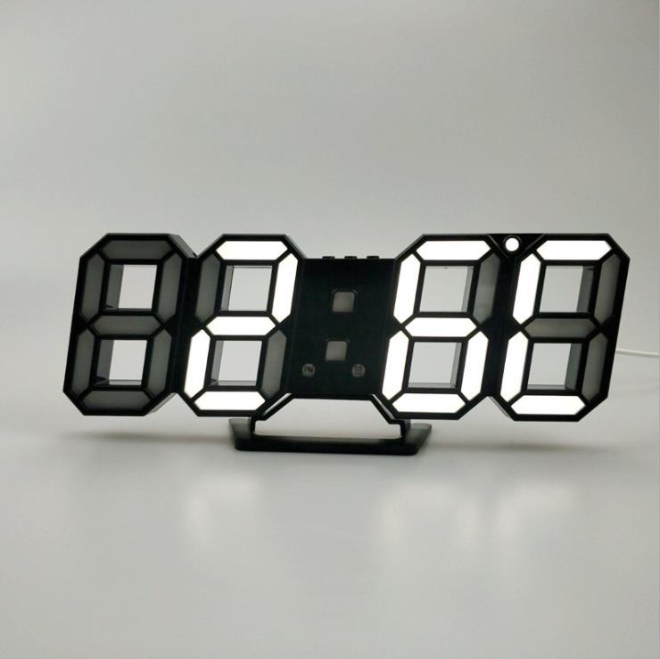 3D LED wall clock displaying white digits on a stand