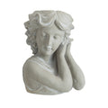 Cement bust planter of a woman resting her head on her hand, front view