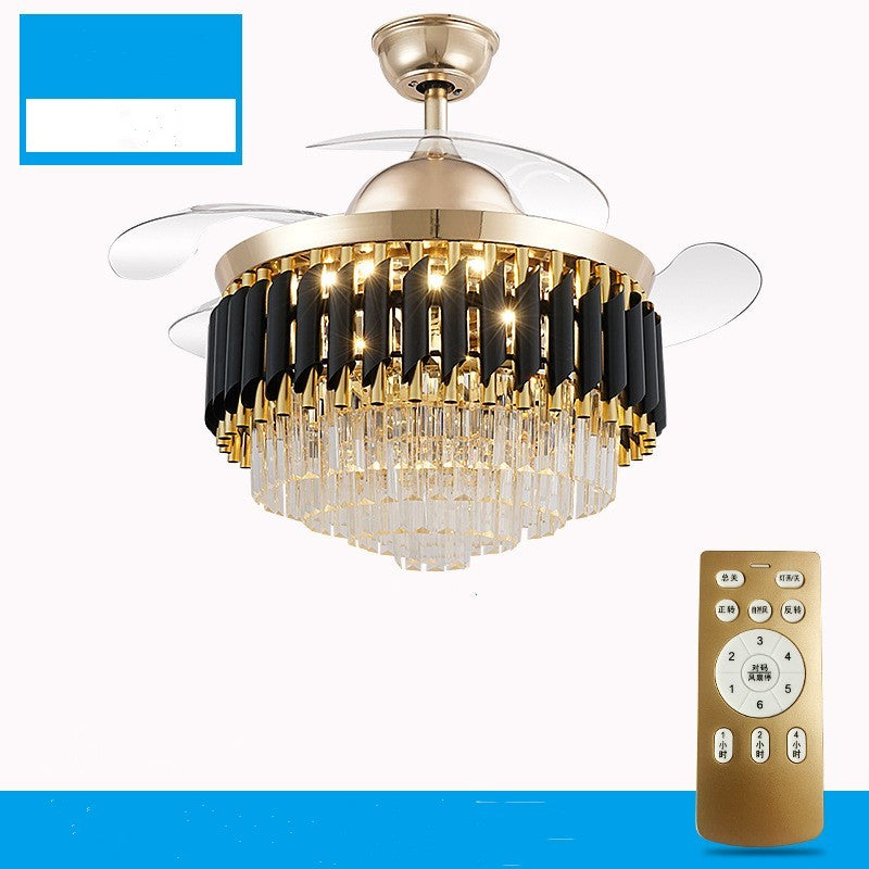 Crystal ceiling fan chandelier shown with its remote control