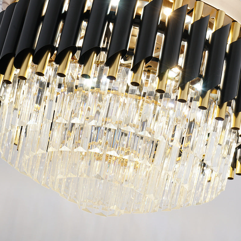 Close-up of the tiered crystal rods and black trim, lights on