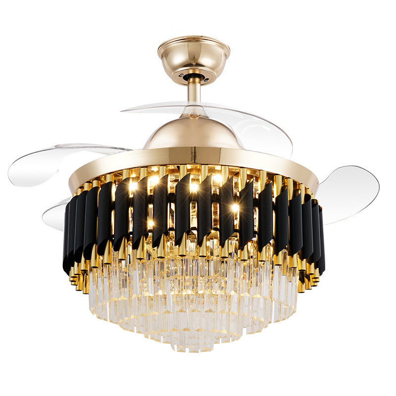 Crystal ceiling fan chandelier seen from below with the blades extended