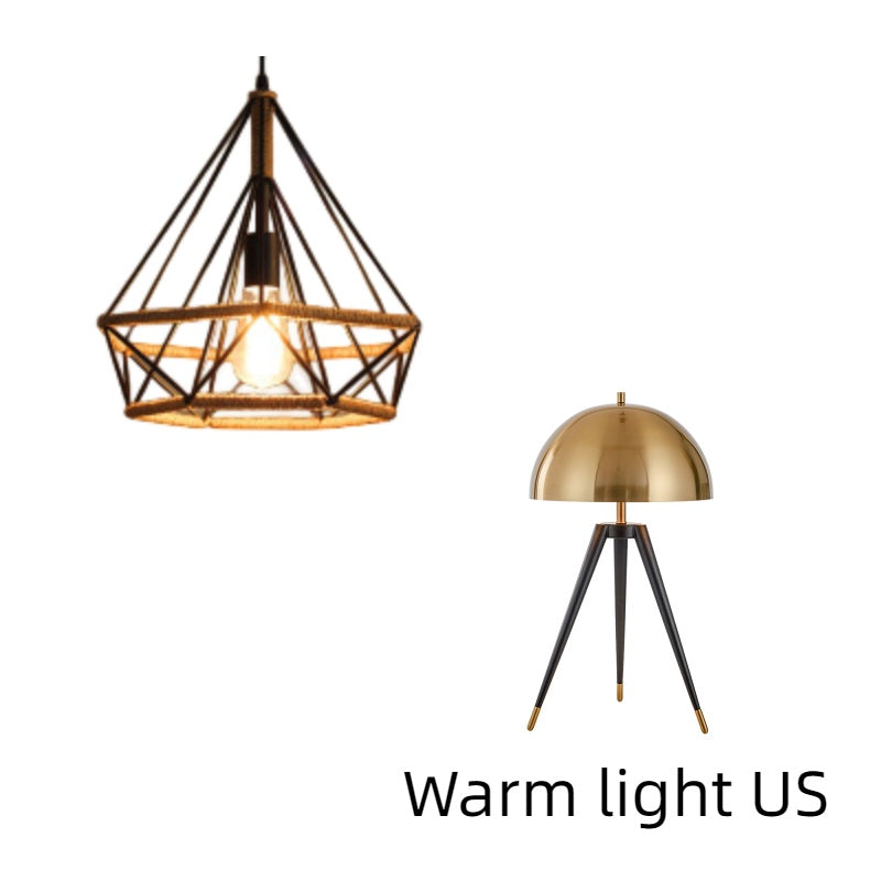 Geometric cage pendant shown beside a gold tripod table lamp, the set option