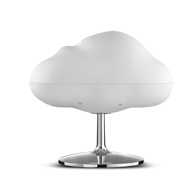 White cloud aroma diffuser on a silver stand, plain background