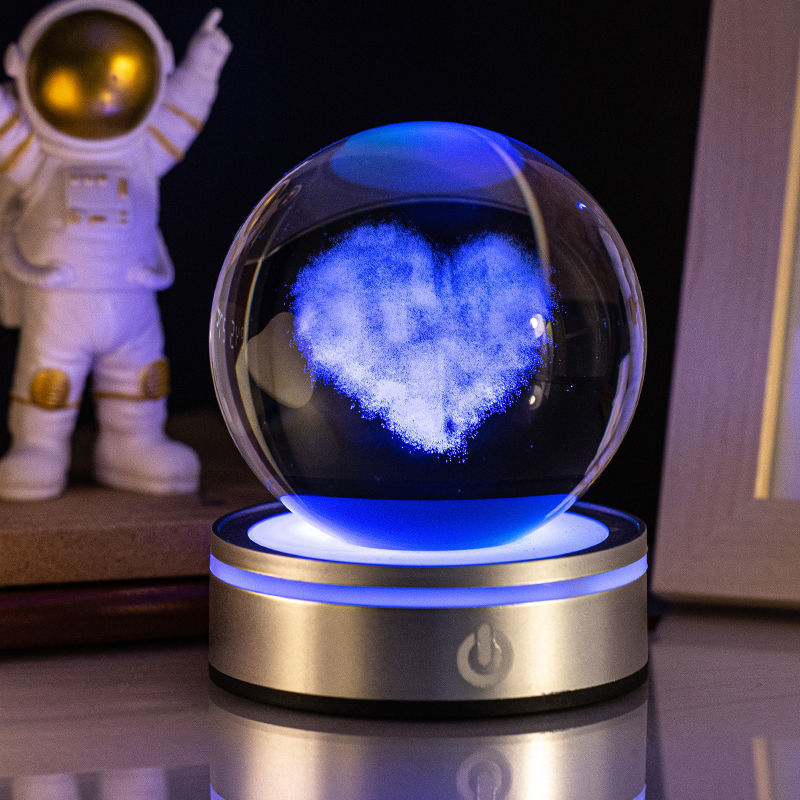 Heart cloud crystal ball night light lit blue on a silver base