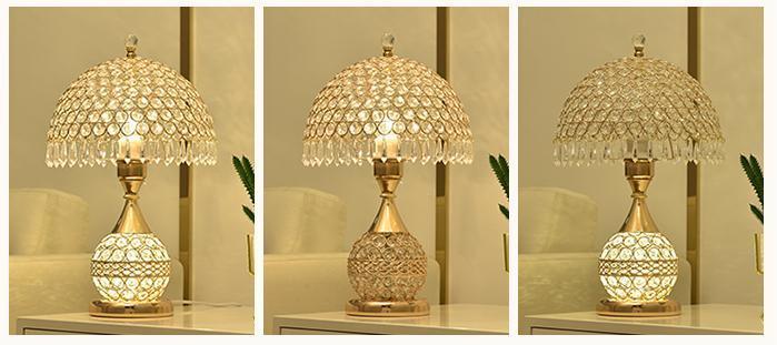 Three crystal table lamps with different beaded shades shown side by side
