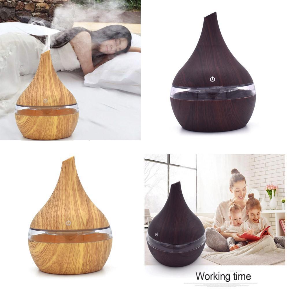 Four views of the wood-grain diffuser, including one running in a family room