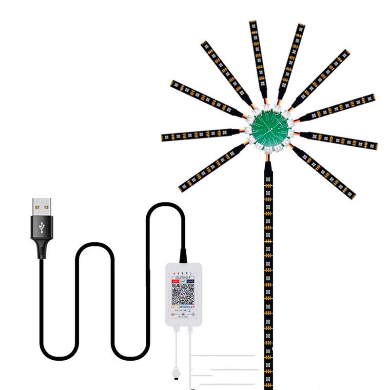 LED firework strip light laid flat with its USB controller and cable, unlit