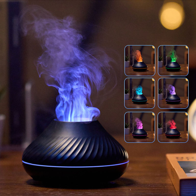 Black flame diffuser with a blue flame, shown with its other colour modes