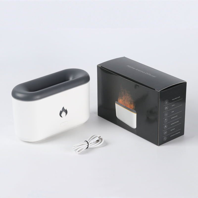 White 3D flame diffuser shown beside its black box and USB cable