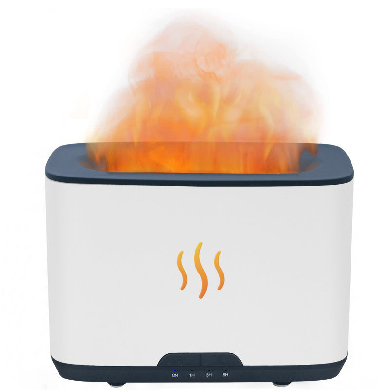 White flame-slot diffuser with the flame lit, plain background