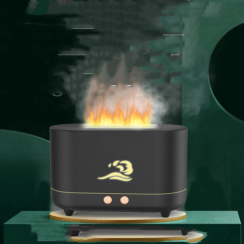 Black flame aroma humidifier with the flame effect lit against a green backdrop