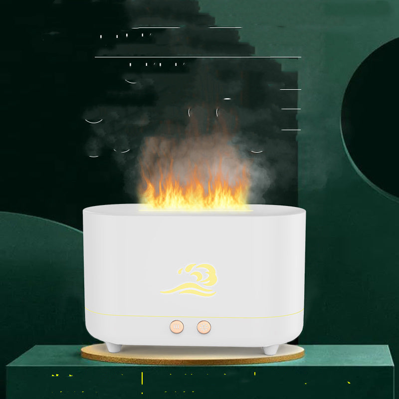 White flame aroma humidifier with the flame effect lit against a green backdrop