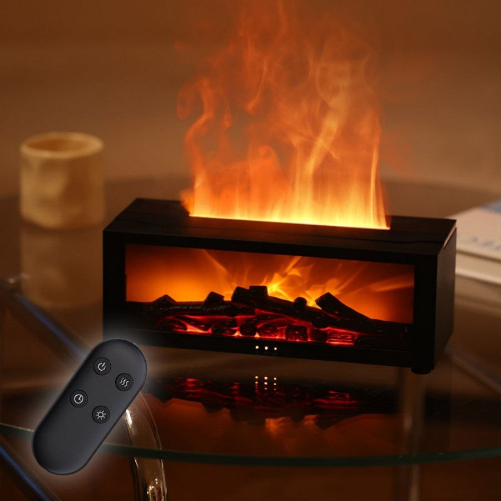 Fireplace aroma diffuser with its remote control on a glass table