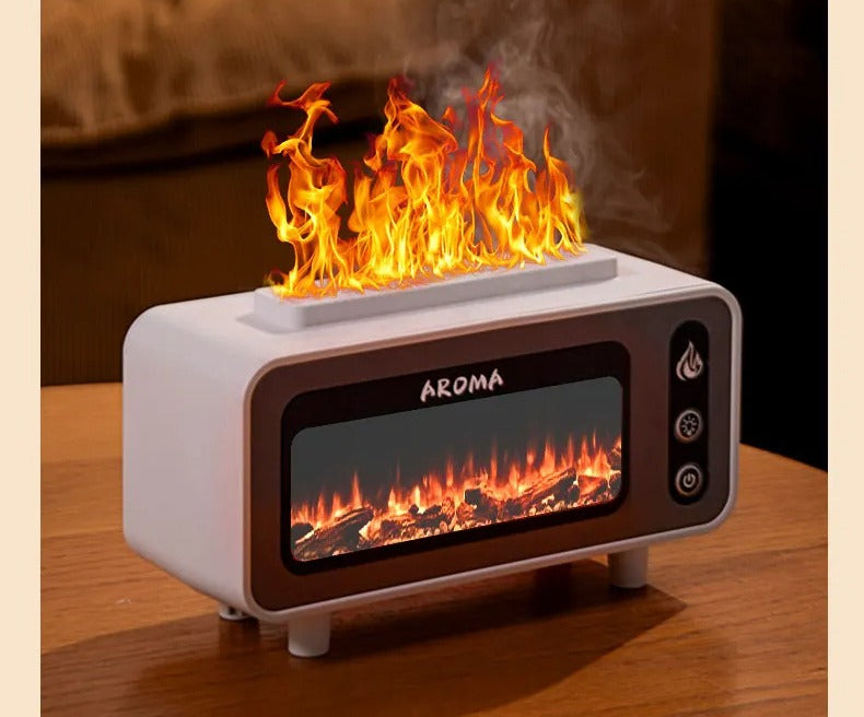 White fireplace aroma diffuser releasing mist on a wooden table