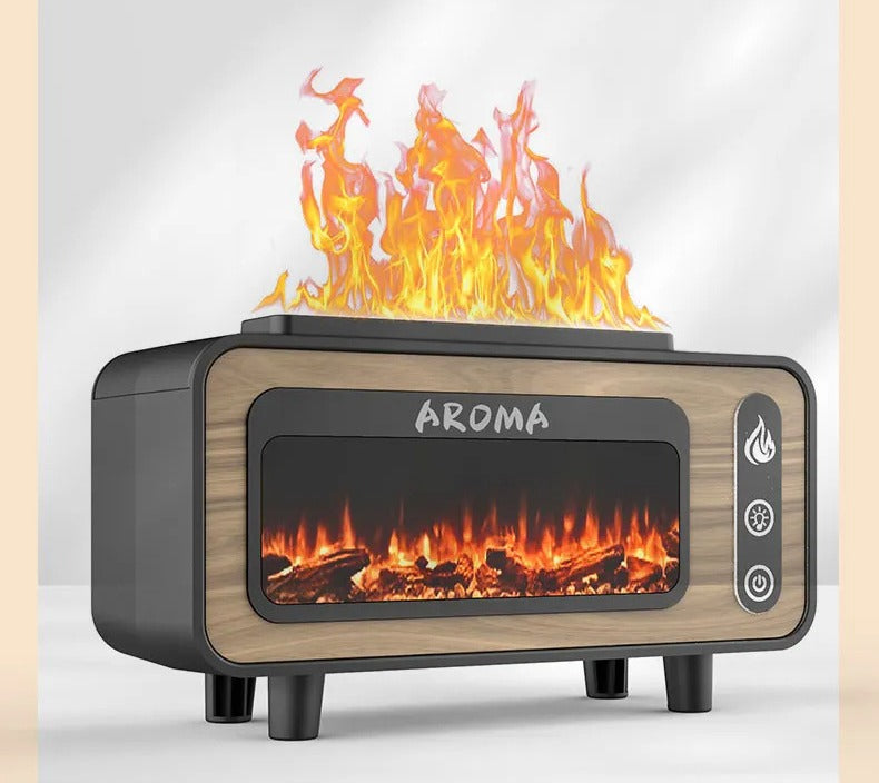 Wood-effect fireplace aroma diffuser showing the simulated charcoal and flame