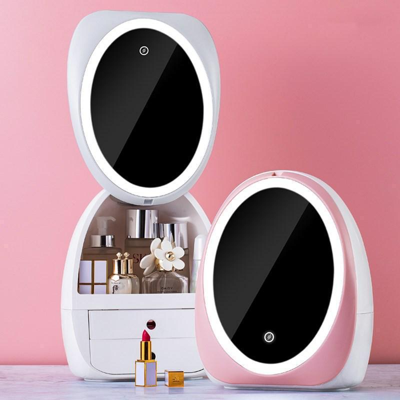 White and pink LED mirror makeup organizers side by side, one open showing cosmetics inside