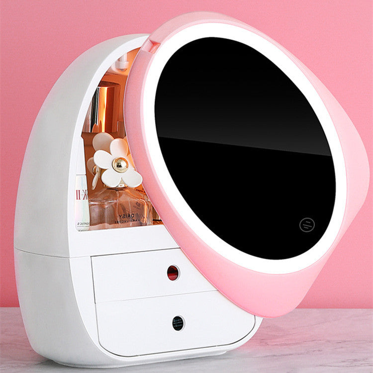 Pink LED mirror makeup organizer open, showing the lit mirror and the storage compartment
