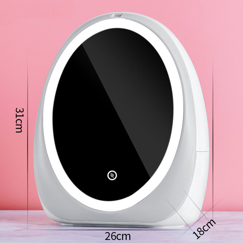 White LED mirror makeup organizer showing the touch button below the mirror