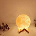3D moon table lamp glowing warm on a wooden stand beside dried stems