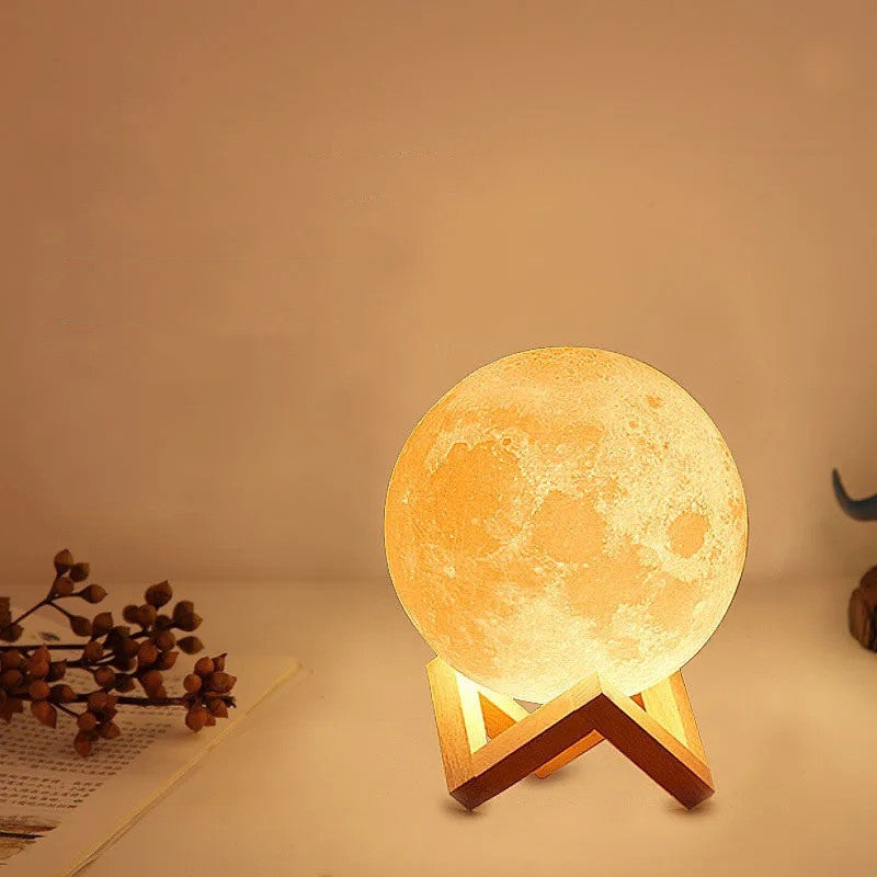 3D moon table lamp glowing warm on a wooden stand beside dried stems