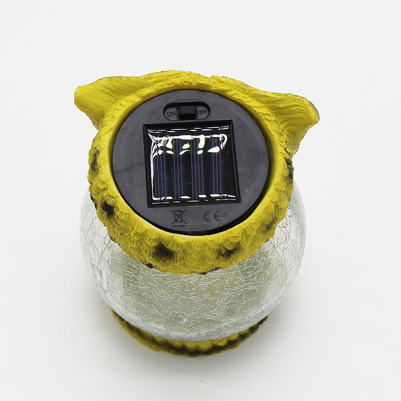 Top view of the owl solar light showing the solar panel on its head