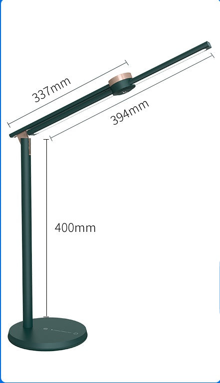 Dimension diagram of the green reading lamp showing arm length and height