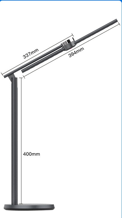 Dimension diagram of the silver reading lamp showing arm length and height