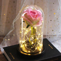 Pink rose in a glass dome with warm fairy lights, on a gold base