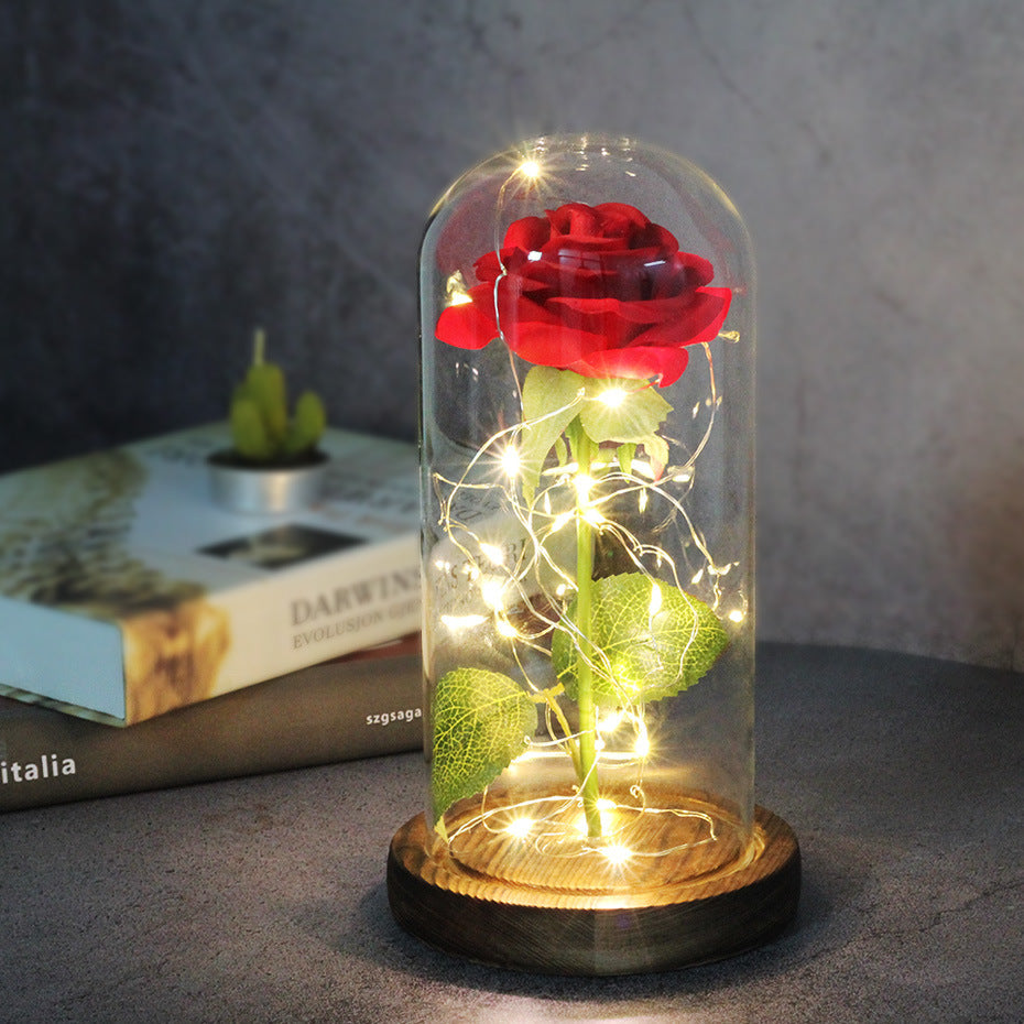 Red rose in a glass dome with fairy lights, wooden base, plant behind