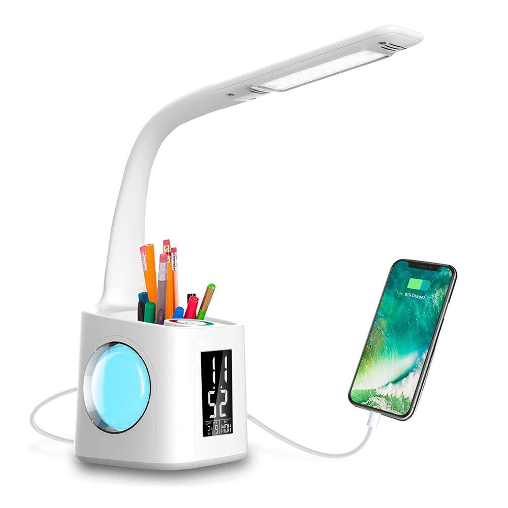 Desk lamp charging a phone over USB, pens stored in the built-in holder