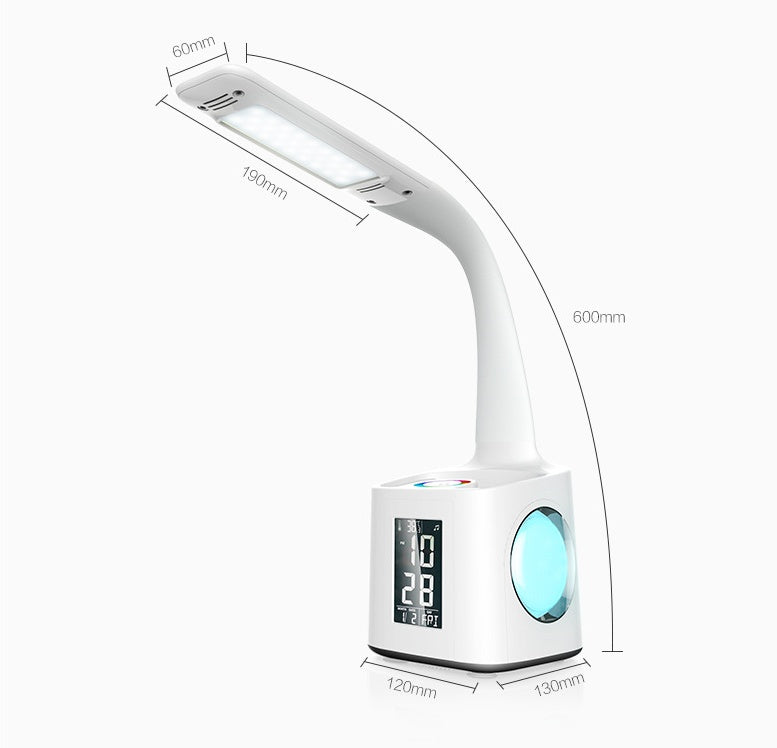 Dimension diagram of the desk lamp showing head, arm and base measurements