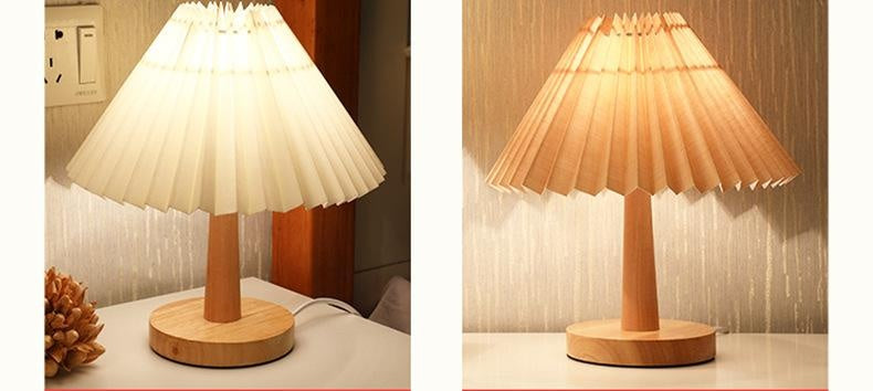Cream and beige pleated table lamps shown side by side for comparison