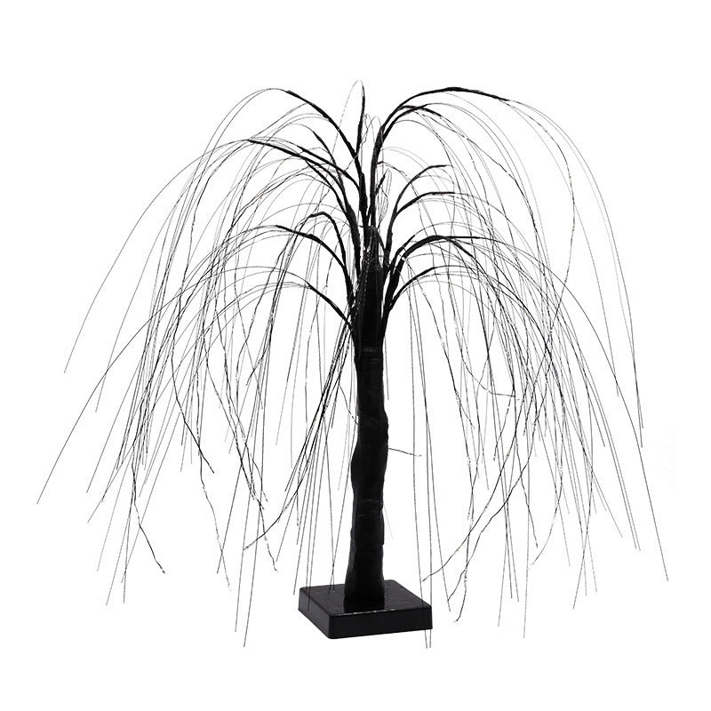 Unlit black LED willow tree light on a white background, showing the square base